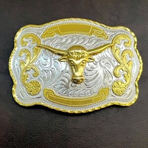 Western Texas Longhorn oversized rodeo belt buckle Two toned